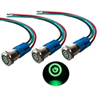 QitinDasen 3Pcs Premium 12V - 24V 3A Interruptor de Botón Autoblocante- 12mm Interruptor de Botón Metálico- LED Verde…